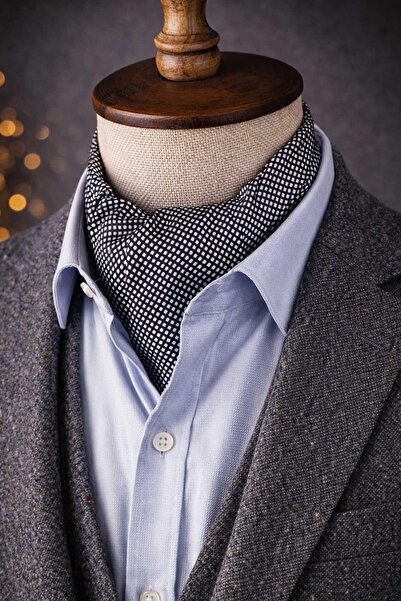 Kravatkolik Geometric Pattern Dark Navy - White Italian Silk Ascot Tie Sac48