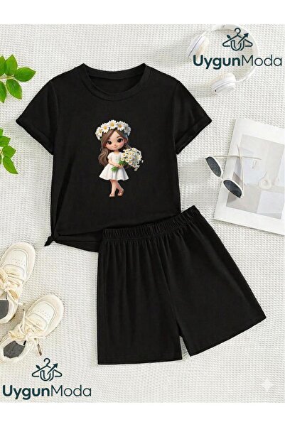 UygunModa Papatyali Girls Printed T-Shirt Shorts Summer Children's Set