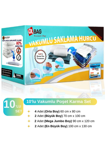 handanca 10'lu Vakumlu Saklama Poşeti Seti - 1 Karma Paket Vakumlu Hurç - Vak...