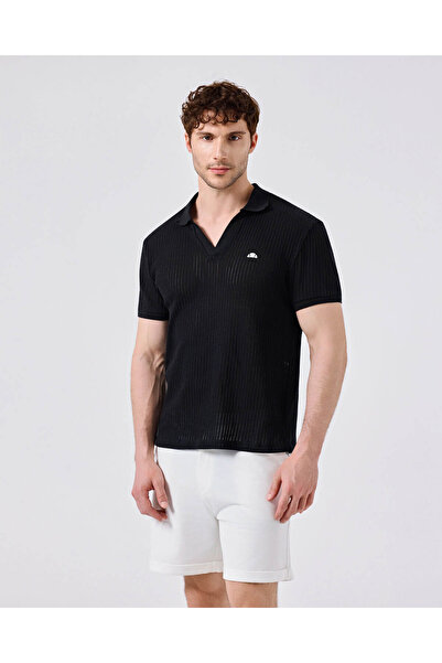 Ellesse Βαμβακερό μαύρο ανδρικό μπλουζάκι πόλο με λαιμόκοψη 6Sm5047
