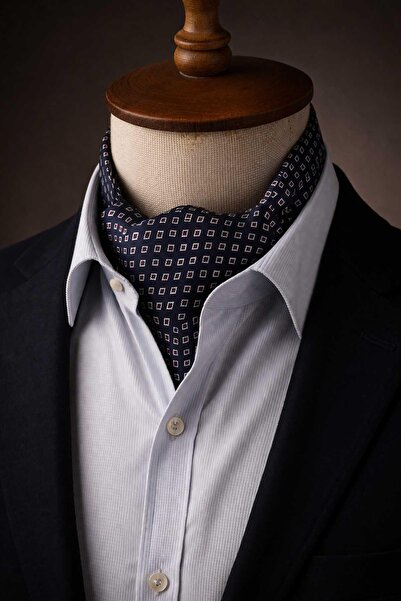 Kravatkolik Square Pattern Navy Blue Italian Silk Ascot Tie Sac25