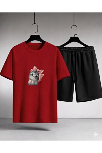 Gutsy Μπλουζάκι και σορτς με χαριτωμένο σχέδιο γάτας για γυναίκες/κορίτσια