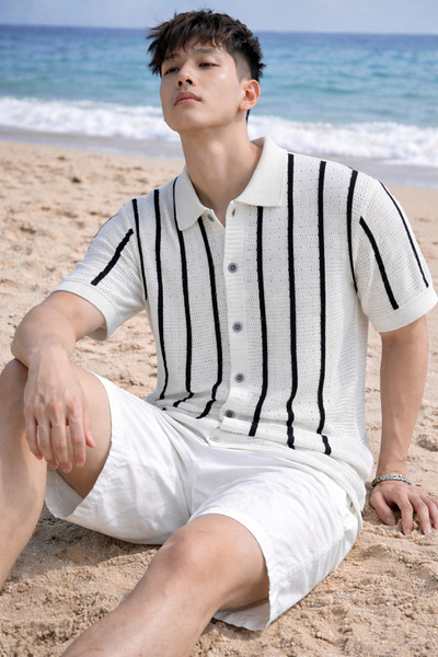 COOL TARZ قميص تريكو رجالي مخطط بياقة كارديجان صيفي بقصة مريحة