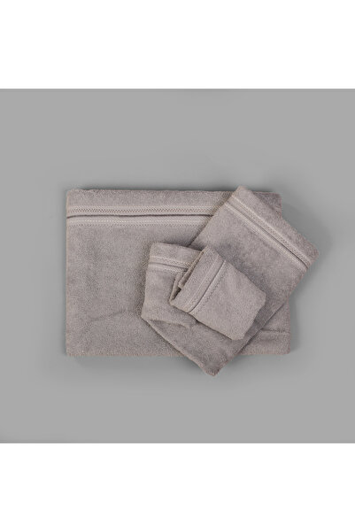 Dakakeen Concept Embroidered Gray Cotton Towels – Set of 3 with White Silk Th...
