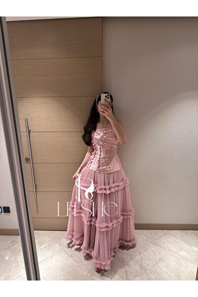 LITSHE Pink Evening Dress with Crystal Embroidery