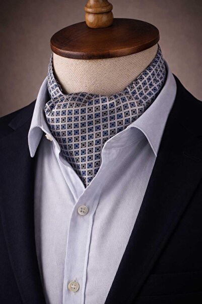 Kravatkolik Square Pattern Gray Italian Silk Ascot Tie Sac28