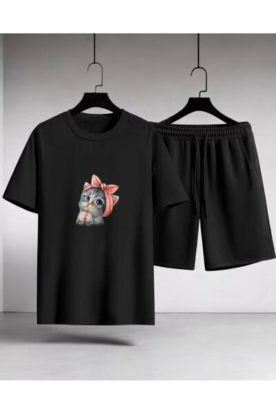 Gutsy Μπλουζάκι και σορτς με χαριτωμένο σχέδιο γάτας για γυναίκες/κορίτσια