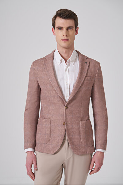 Morven Ανδρικό μπουφάν σε μπεζ πλεκτό σχέδιο με καρό σχέδιο και μονό γιακά