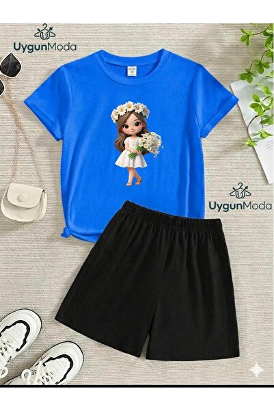 UygunModa طقم تي شيرت مطبوع عليه PAPATYALI KIZ للأطفال، شورت صيفي، طقم للأطفال