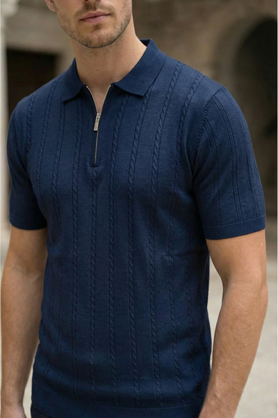 SAYZEN YOUR SHİNE Tricou bărbătesc cu guler polo, cu detalii tricotate