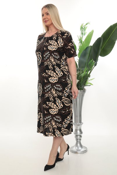 STELLETO Button and Piping Detailed Leaf Patterned Short Sleeve Summer Cotton Plus Size Dress