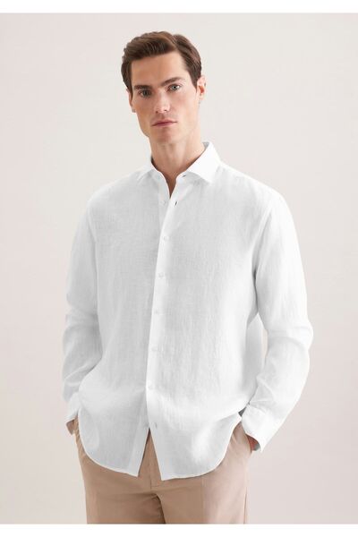 ilayda emir Λευκό ανδρικό πουκάμισο από 100% λινό - Ειδική κλασική casual εφα...