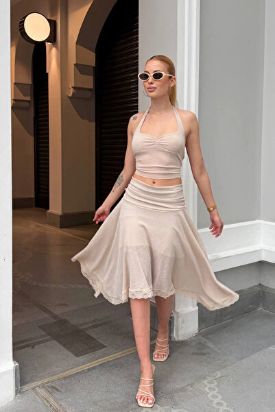 Lusin Women's Beige Halter Neck Crop Blouse Lined Skirt Two-Piece Set