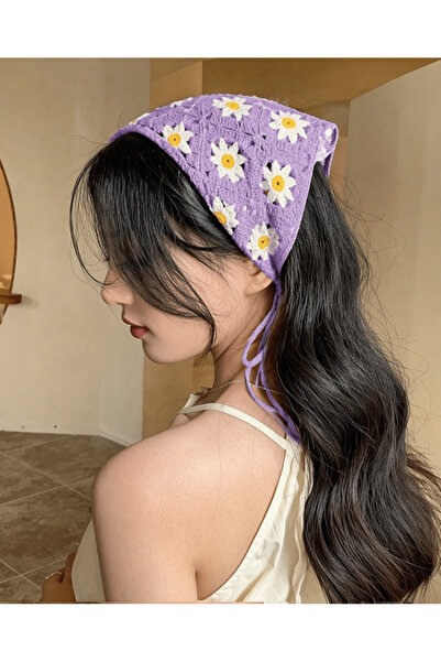 synshop Πλεκτό τριγωνικό μπαντάνα μωβ λευκό κορδέλα μαλλιών Γυναικεία έφηβες ...