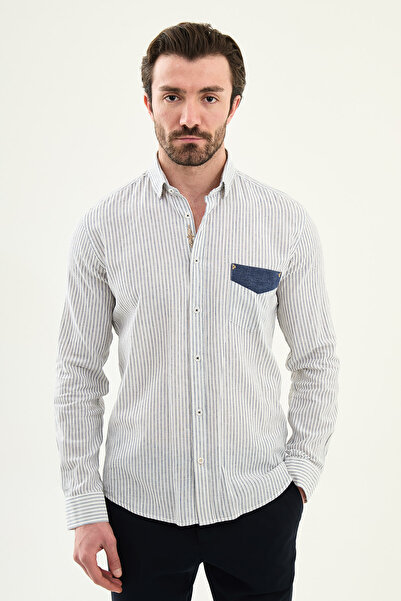 Mcr Striped Slim Fit Pocket Detailed Long Sleeve Linen Men's Shirt Navy Blue ...