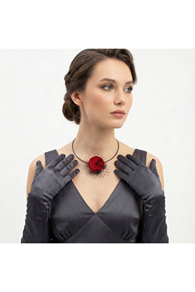 OEM Γυναικείο κολιέ με κόκκινο λουλούδι από τσόχα και μαύρο τούλι, διάμετρος ...