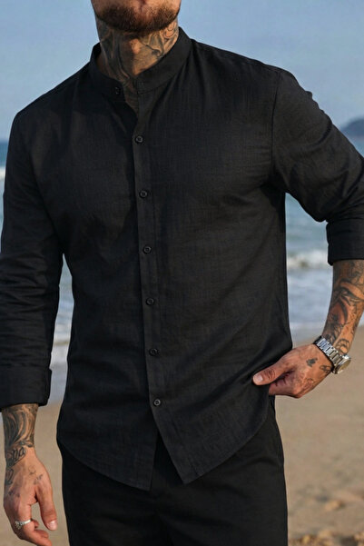 BLUE STREET Men's Regular Fit Lapel Collar Linen Look Shirt