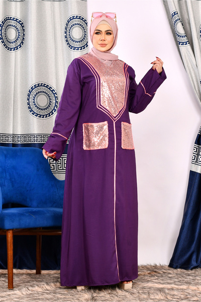AsrymShop عباية استقبال بيتي قطن فسكوز خفيف جيوب ملمع بمبي * موف