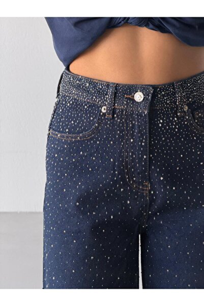 Vooz Kadın Taşlı Wide Leg Jean Yüksek Bel Geniş Paça Denim Pantolon Lacivert