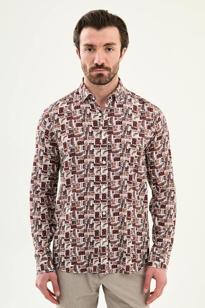 Mcr Patterned Slim Fit Long Sleeve Men's Shirt Brown - 27131.26Y