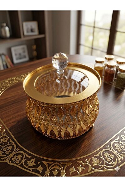 defnem home Dekoratif Cam Kapaklı Gold Şekerlik, 1 Adet Şekerlik