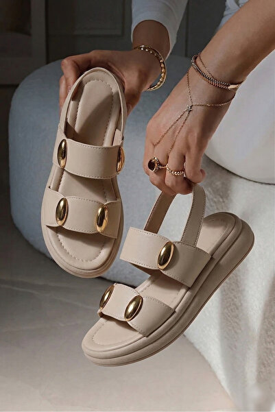 leopar by çetinay Luna Gold Toka Detaylı Lastikli Ortopedik Taban Kadın Sandalet