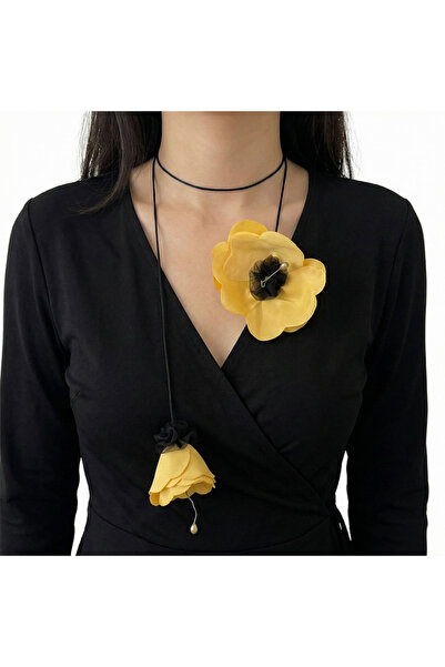 OEM Χειροποίητο Κολιέ με Κίτρινα Παπαρούνια, Μαύρο Κορδόνι 125 εκ., Υφασμάτιν...