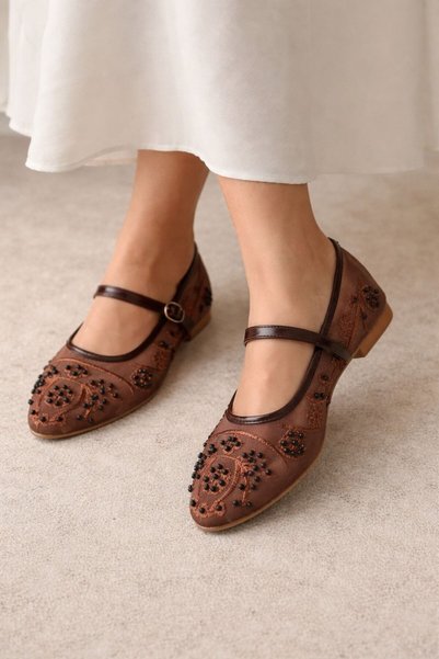 KM shoes Women's Brown Embroidered Stone-Embellished Ballerinas – Vintage Stylish Casual Shoes