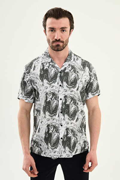 Mcr Patterned Slim Fit Lapel Collar Short Sleeve Men's Shirt Black - 27128.26Y