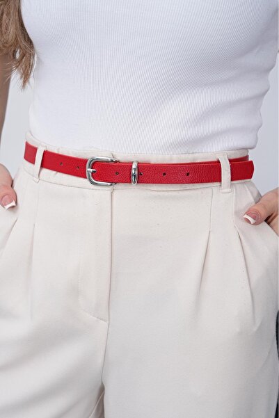 MODAM HİFA Γυναικεία ζώνη παντελονιού με ασημένια αγκράφα σε βασικό κόκκινο χ...