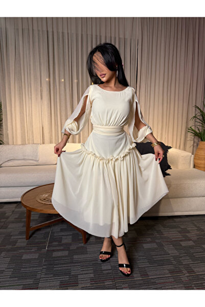 NO BRAND Beige Chiffon Dress with Open Sleeves