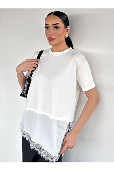 jöns since 1997 Women's Crew Neck Satin and Lace Garnished Ecru T-Shirt