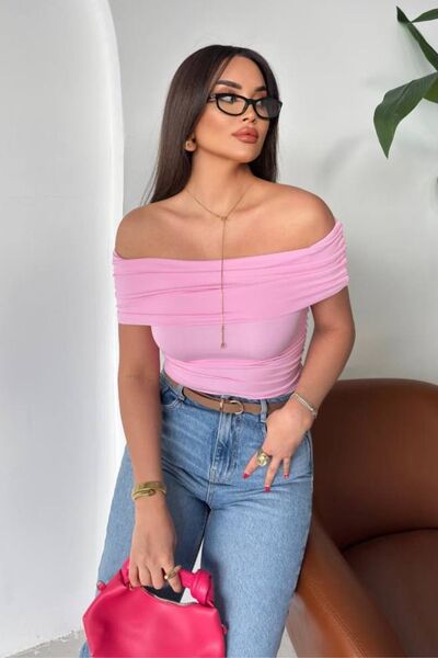 aura7 collection YANDAN BÜZGÜLÜ PEMBE MADONNA BLUZ