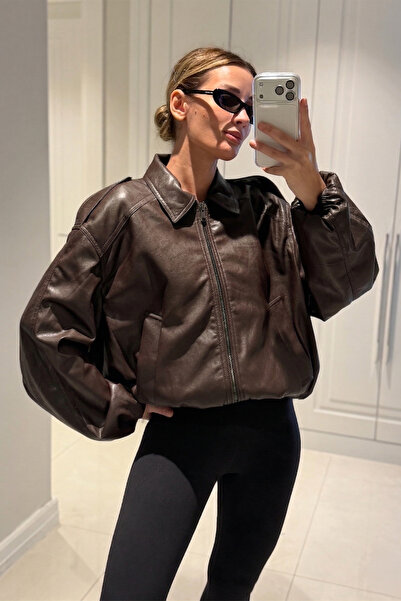 NET OF NOT Kadın Acı Kahve Bomber Kalıp Yumuşak Deri Ceket