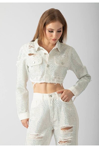DENİKK Trend Special Design Stone Laser Detail Crop White Denim Jean Jacket -...