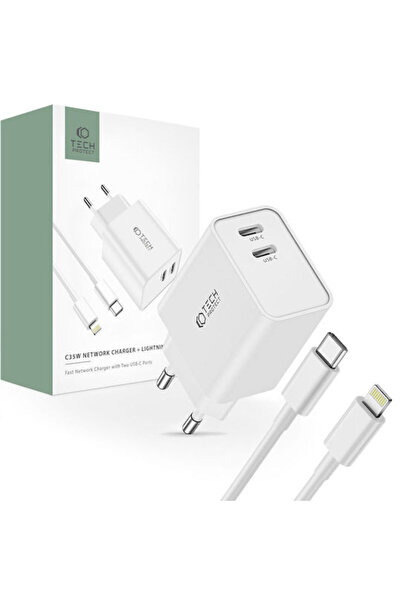 Tech-Protect Încărcător cu 2 porturi USB-C și cablu USB-C - Lightning, 35W Po...