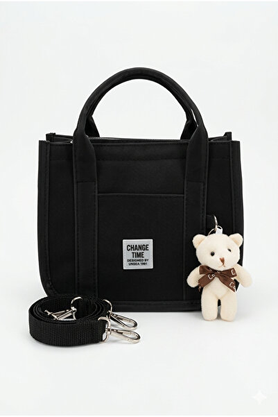 vattara Μαύρη πάνινη τσάντα χειρός και ώμου με αξεσουάρ αρκουδάκι, καθημερινή...