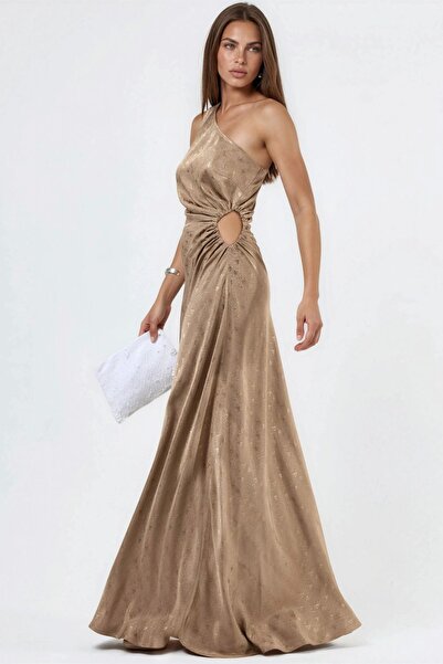 Hiccup Σατέν φόρεμα με σχέδια και λεπτομέρεια στο παράθυρο του έναν ώμο