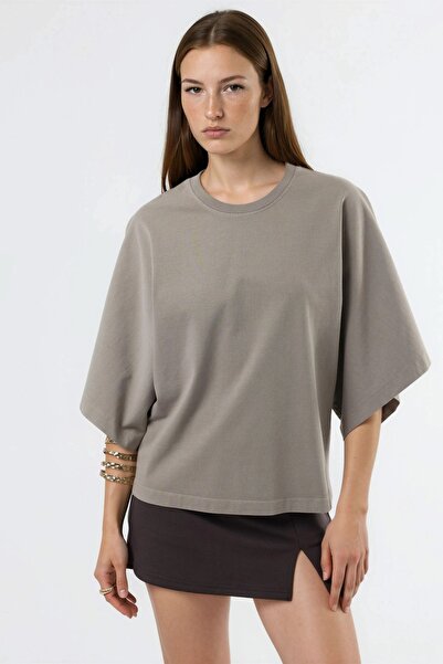 Hiccup Βαμβακερό μπλουζάκι QU STYLE Oversize με λαιμόκοψη ποδηλάτου