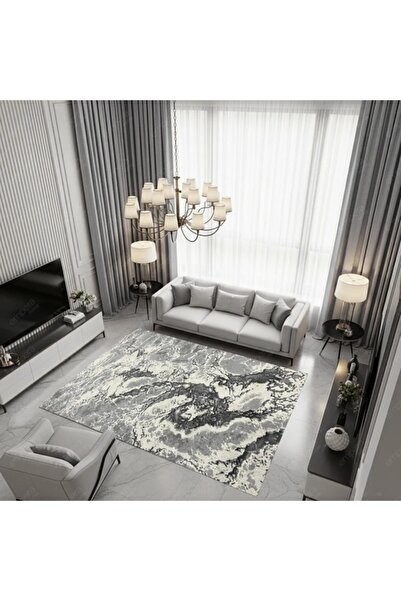 SELECT Μοντέρνο Χαλί Μαρμάρινο Γκρι Λευκό Δίχρωμο με Τυρκουάζ Αντιολισθητικό