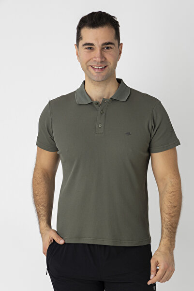 Crozwise Βαμβακερό μπλουζάκι πόλο με λαιμόκοψη σε ύφος βάφλας, χακί 7152-04