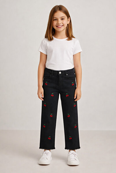 NAWİ 26904-26 Pantaloni din denim pentru fete, cu broderie cireșie, cu ciucur...