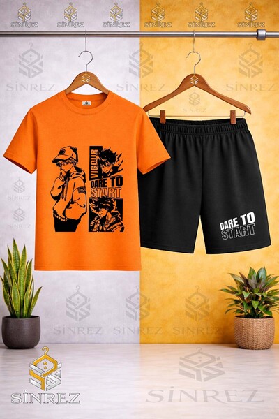 SİNREZ Kids Unisex Dareto Strat Black Printed Crew Neck T-Shirt - Shorts Set