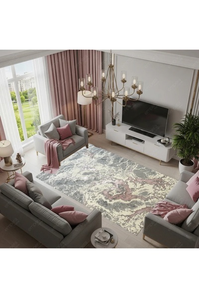 SELECT Μοντέρνο Χαλί Μαρμάρινο Γκρι Λευκό Δίχρωμο με Τυρκουάζ Αντιολισθητικό