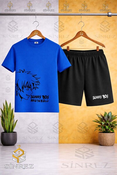 SİNREZ Çocuk Unisex SUNNY BOY SIYAH Baskılı Bisiklet Yaka Tişört - Şort Takım