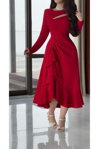 DARBEST Red Midi Dress with Side Slit, Red Crepe Dress with Side Ruffles, Sof...