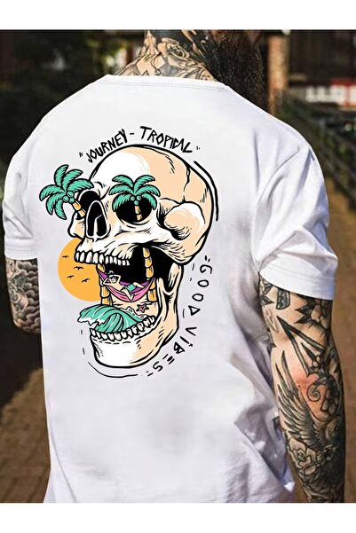 AEMİ Μπλουζάκι Unisex Journey Tropical Baskılı Oversize Μπλοκ λαιμός