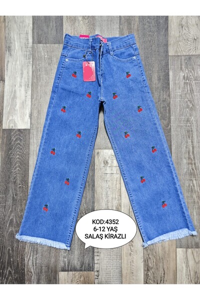 YDBKStore Girl's Wide-Leg Comfortable/Loose-Fit Embroidery Cherry Appliqué Detailed Jean Denim Trousers