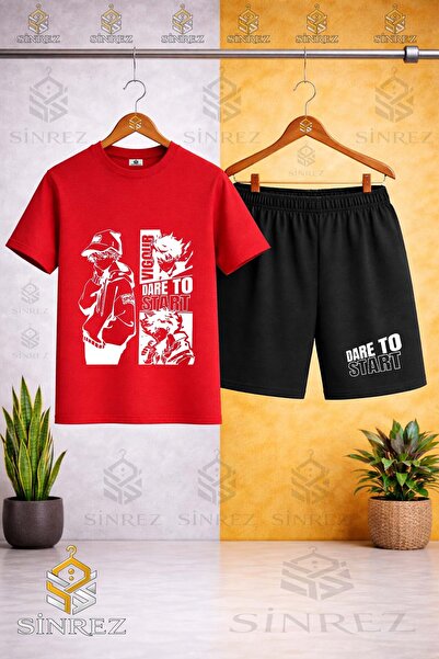 SİNREZ Çocuk Unisex DARETO STRAT BEYAZ Baskılı Bisiklet Yaka Tişört - Şort Takım