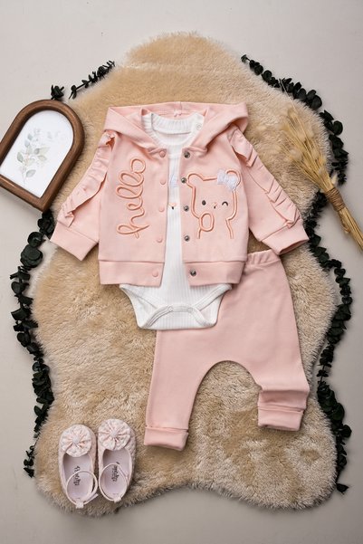 Hopy Kids 1028 Embroidered 100% Cotton 3-Piece Baby Set 3-6-9 Months Compact Combed Cotton Baby Girl Set